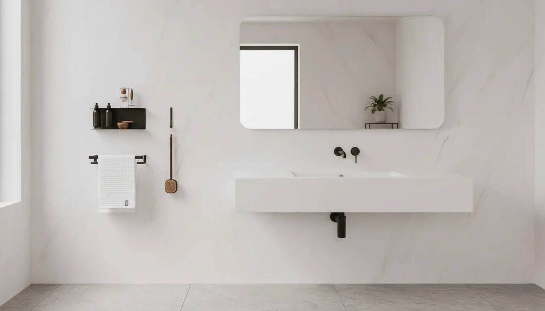 Baño minimalista con accesorios de pared en negro: portarrollos, escobillero, toallero y dispensador de jabón Catania de Kaimok Design