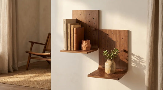 Estantería Brera en nogal con libros y cerámica en salón wabi-sabi minimalista - Kaimok Design