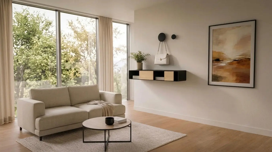 Salón con perchas individuales de pared y consola de pared en estilo Japandi, combinando metal y madera con acabados coordinados. Kaimok Design