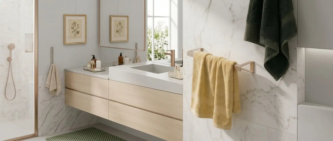 Toallero Siena y gancho Denia en baño moderno minimalista — accesorios de baño Japandi en metal - Kaimok Design