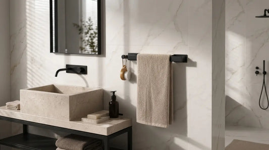 Set de accesorios de baño negro mate: portarrollos Bari, escobillero Sorrento y toallero Torino – Kaimok Design