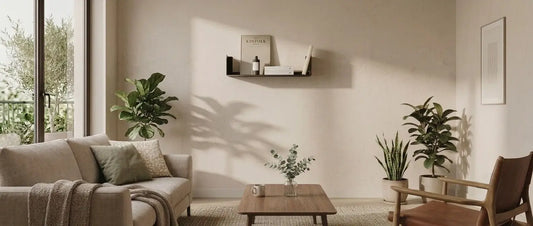 Estantería de pared Firenze en metal negro mate con libros en salón — estanterías de diseño Kaimok