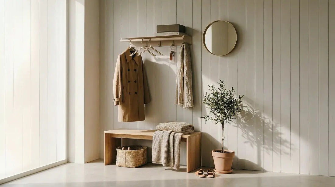 Entrada con pared funcional en estilo Japandi — estante de pared - perchero de pared Ibiza — accesorios de pared Kaimok Design