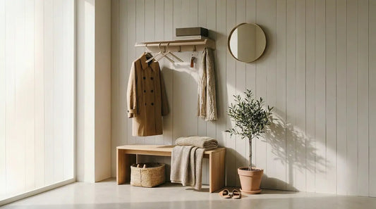 Entrada con pared funcional en estilo Japandi — estante de pared - perchero de pared Ibiza — accesorios de pared Kaimok Design