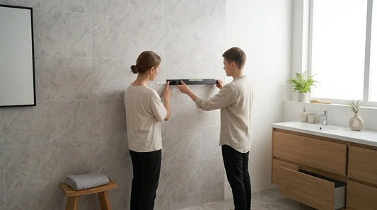 Instalación sin taladro del toallero Torino en pared de baño con azulejo - Kaimok Design
