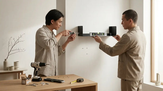 Dos personas instalando la estantería flotante metálica Bergamo en una pared blanca, una atornillando el soporte y otra sujetando la pieza nivelada, con taladro y nivel sobre una mesa de madera — estilo Japandi minimalista - Kaimok Design