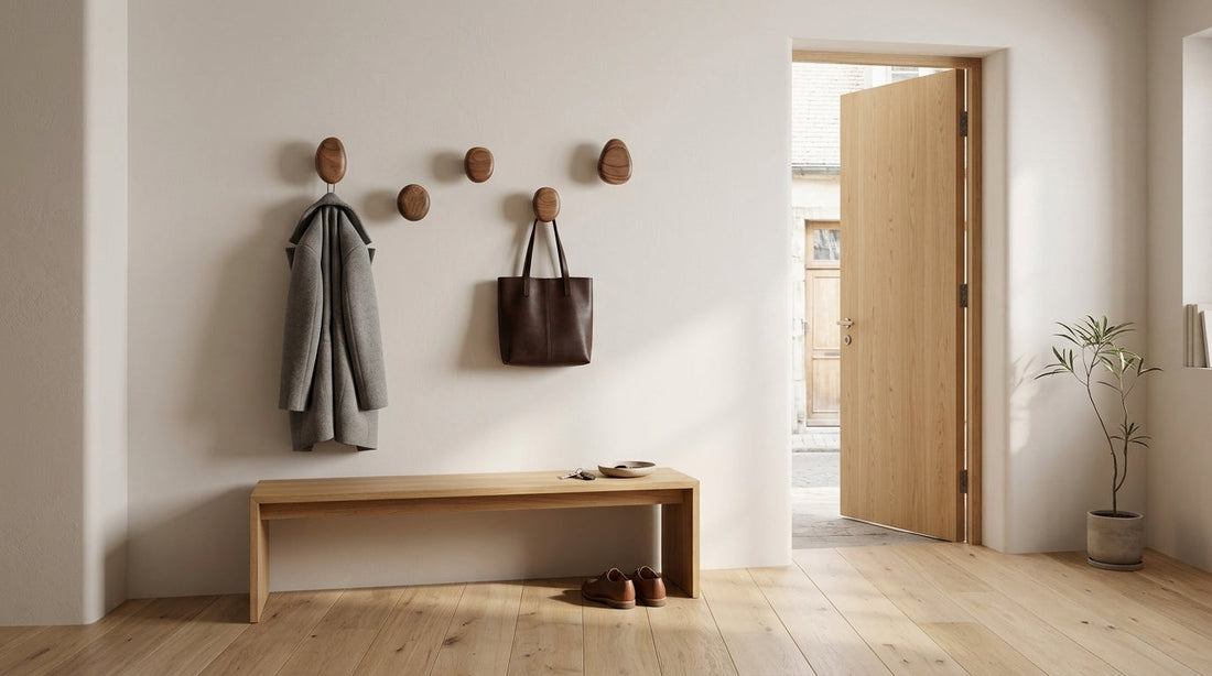 Percheros de pared individuales Verona Stone en nogal en entrada minimalista - Kaimok Design