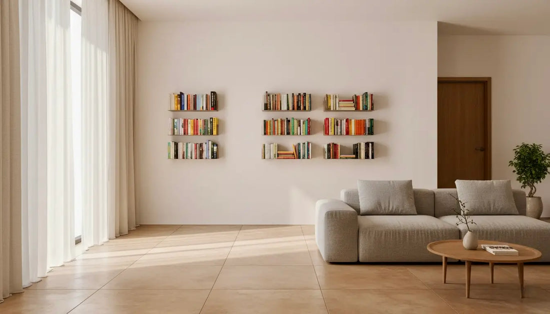Salón minimalista con muro de estanterías para libros de pared en metal Firenze de Kaimok Design