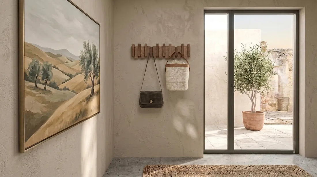 Perchero de pared de madera en entrada de hogar - kaimok design