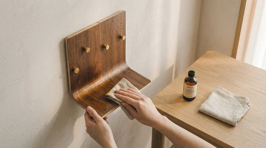 Manos aplicando aceite de madera con paño sobre estantería flotante Brera - Kaimok Design