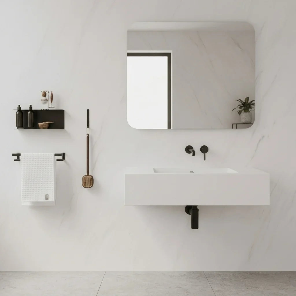Baño minimalista con accesorios de pared negros Kaimok