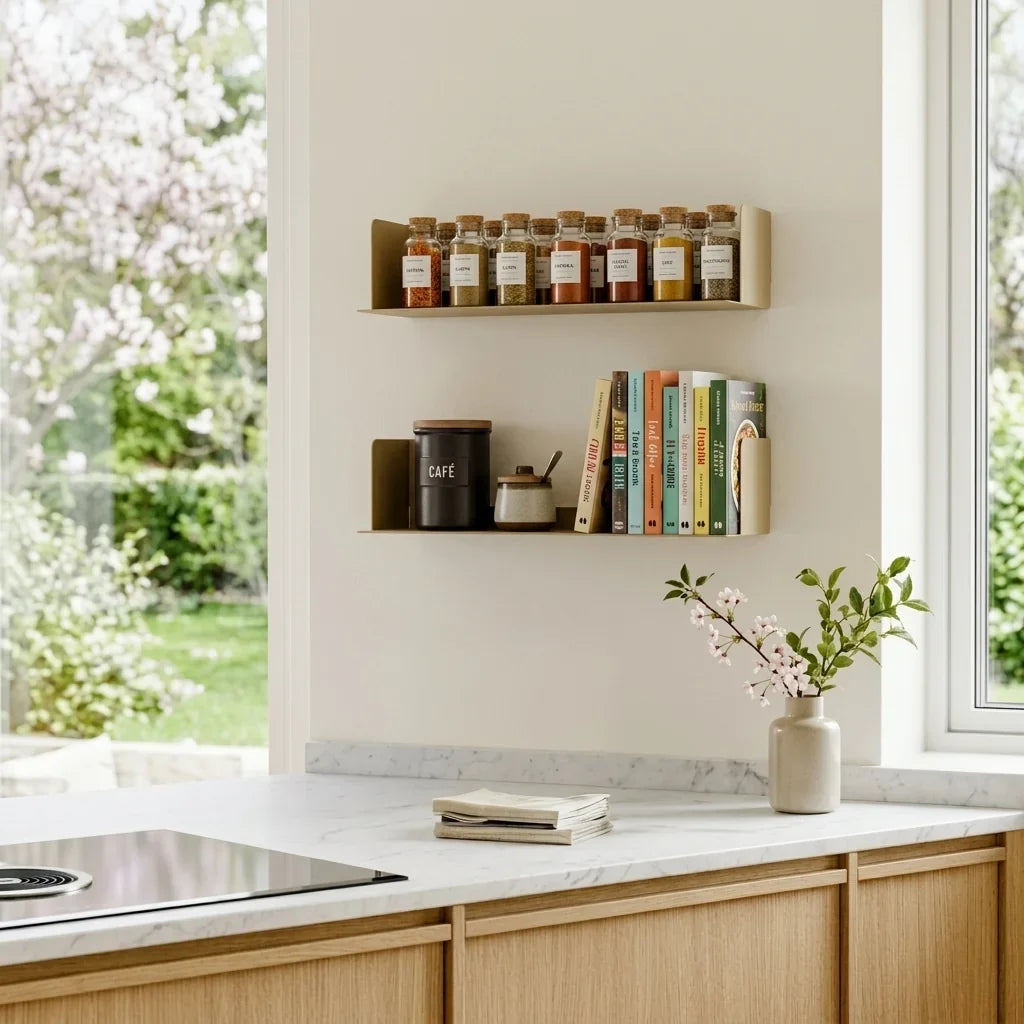 Cocina minimalista con estanterías de pared Bergamo beige