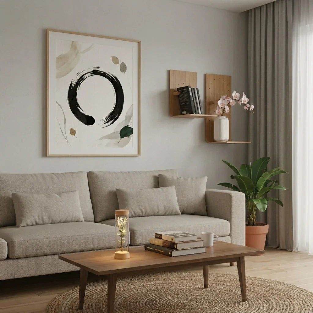 Salón minimalista con estanterías de pared de madera Kaimok