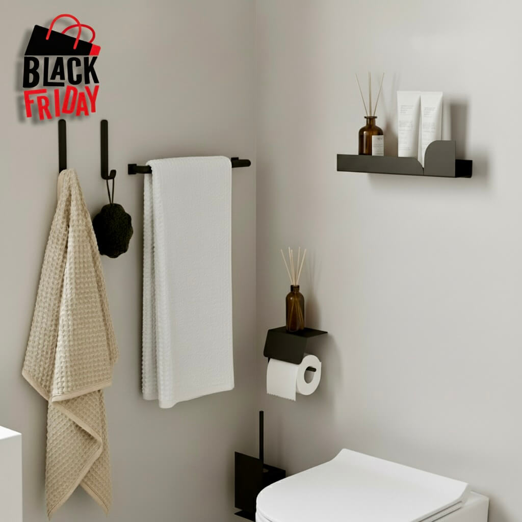 Colección Black, accesorios minimalista de metal , baño, cocina, oferta Black Friday, Kaimok Design