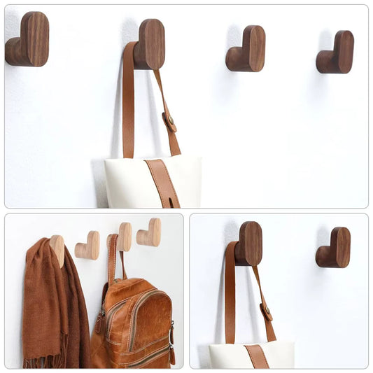 Perchas Verona de pared en madera nogal – set de 4 ganchos con bolso y mochila colgados- Kaimok Design