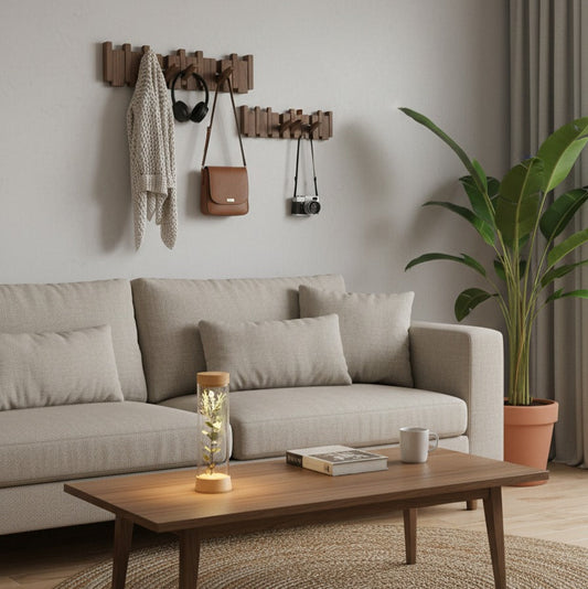 Percheros de madera en nogal, lampara EOS en salon - Kaimok Design